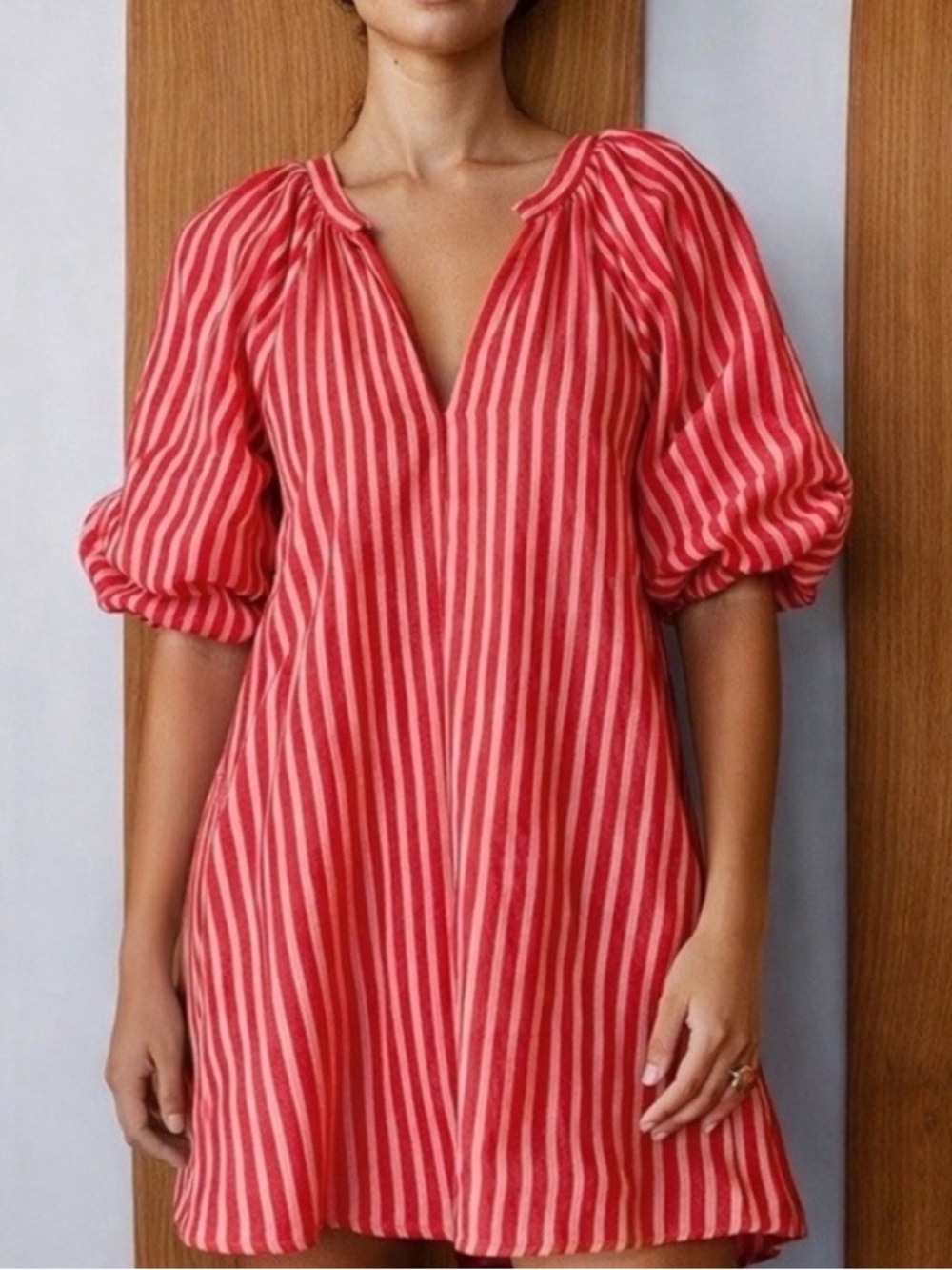 Magaschoni Red and White Striped Linen Mini Dress
